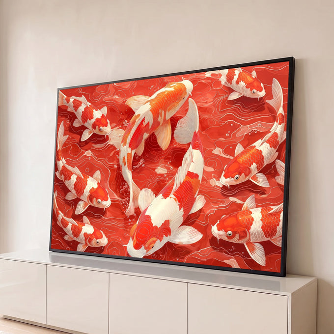 Peixes koi vermelhos e brancos nadando em círculo em água vermelha, ilustração japonesa, quadro decorativo