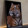 Quadro Decorativo Grande Tigre Olhar Fixo para Sala Laranja | quadros decorativos para sala | tigre em close com olhar fixo, bigodes brancos e fundo preto | Porao dos Quadros