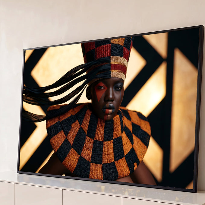 Mulher negra com chapéu alto, gola trançada xadrez laranja e preto e fundo geométrico dourado, quadro decorativo
