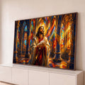 Jesus com pomba branca nas mãos em catedral gótica de vitrais coloridos, estilo mosaico, quadro decorativo