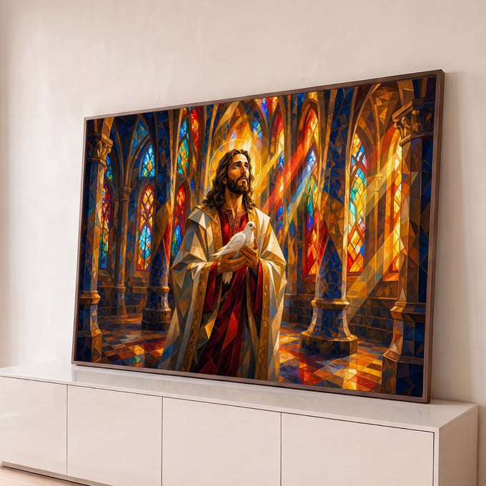 Jesus com pomba branca nas mãos em catedral gótica de vitrais coloridos, estilo mosaico, quadro decorativo