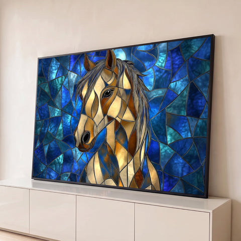 Cabeça de cavalo dourado em estilo vitral sobre mosaico de vidro azul, quadro decorativo