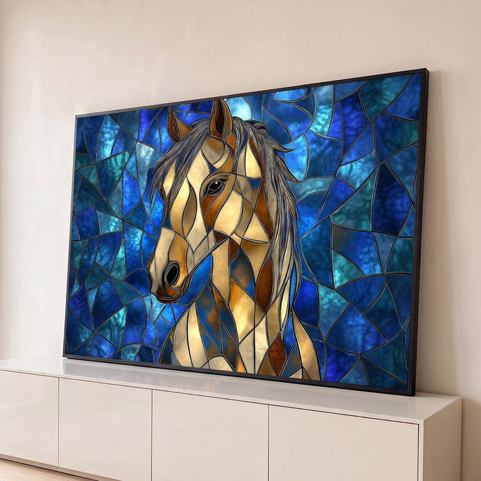 Quadro Decorativo Grande Cavalo em Mosaico para Sala Azul | quadros decorativos para sala | cabeça de cavalo dourada em estilo mosaico de vitral sobre fundo azul geométrico | Porao dos Quadros