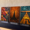 Quadro Decorativo Kit 3 Telas Outono em Folhas para Sala | quadros decorativos para sala | painel de três fotos de outono com folhas na chuva, árvore dourada e estrada ao entardecer | Porao dos Quadros