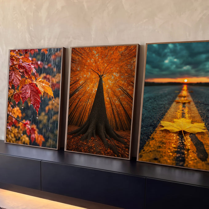 Quadro Decorativo Kit 3 Telas Outono em Folhas para Sala | quadros decorativos para sala | painel de três fotos de outono com folhas na chuva, árvore dourada e estrada ao entardecer | Porao dos Quadros