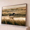 Quadro Decorativo Grande Cavalo Negro para Sala Marrom | quadros decorativos para sala | cavalo negro galopando em água rasa com dunas douradas ao fundo | Porao dos Quadros