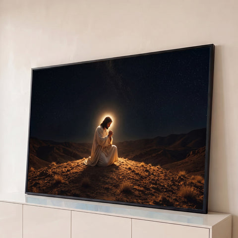 Jesus ajoelhado orando no deserto à noite sob céu estrelado com halo de luz, quadro decorativo