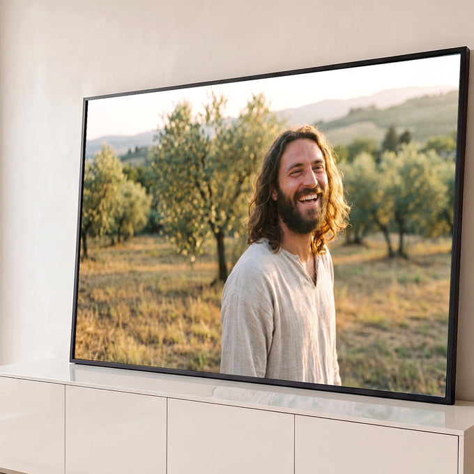 Jesus sorrindo de túnica bege em olival ao pôr do sol, luz dourada e colinas ao fundo, quadro decorativo