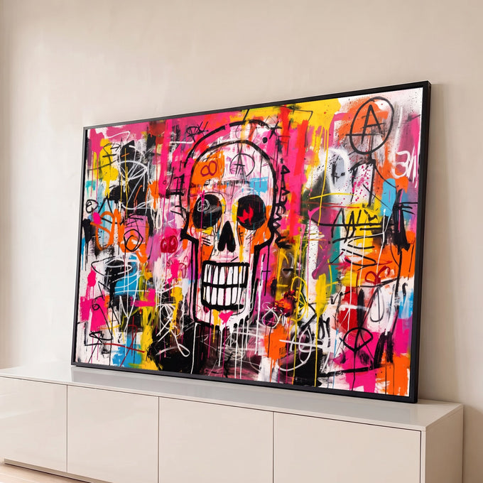 Caveira em grafite estilo Basquiat com rabiscos e respingos rosa, laranja e amarelo, quadro decorativo