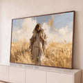 Quadro Decorativo Grande Jesus Bom Pastor Trigal para Sala | quadros decorativos para sala | homem de manto branco carregando cordeiro em campo de trigo dourado sob céu azul | Porao dos Quadros