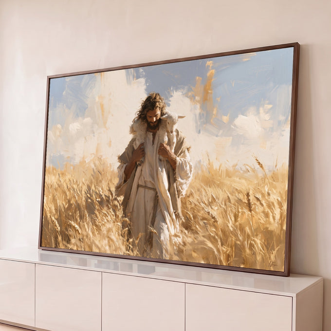 Quadro Decorativo Grande Jesus Bom Pastor Trigal para Sala | quadros decorativos para sala | homem de manto branco carregando cordeiro em campo de trigo dourado sob céu azul | Porao dos Quadros
