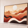 Quadro Decorativo Grande Paisagem Abstrata Laranja para Sala | quadros decorativos para sala | paisagem abstrata com sol branco, montanhas e ondas em tons terracota e preto | Porao dos Quadros