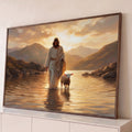 Quadro Decorativo Grande Jesus Entardecer para Sala Branco | quadros decorativos para sala | Jesus caminhando com uma ovelha em um lago ao pôr do sol | Porao dos Quadros