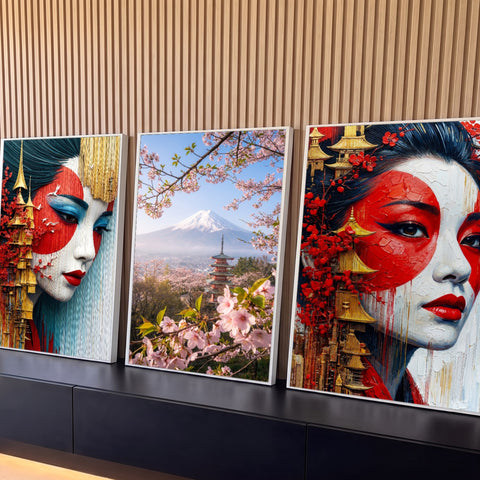 Quadro Decorativo Kit 3 Telas Gueixa Oriental para Sala | quadros decorativos para sala | rostos de gueixa estilizados em vermelho e dourado ao lado do Monte Fuji com cerejeiras | Porao dos Quadros