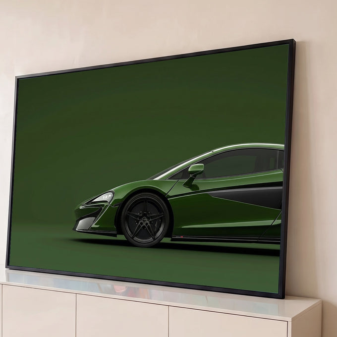 Carro superesportivo verde escuro de lado, com rodas pretas e fundo verde liso, quadro decorativo