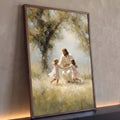 Quadro Decorativo Grande Jesus Brincando para Sala Branco | quadros decorativos para sala | homem de túnica branca sorrindo com duas meninas num campo iluminado por luz dourada | Porao dos Quadros