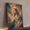 Nossa Senhora de véu azul e terço, auréola dourada, fundo geométrico com rosas, quadro decorativo