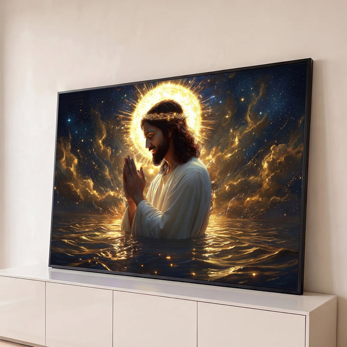 Jesus de manto branco orando de mãos unidas no mar, halo dourado e céu estrelado, quadro decorativo