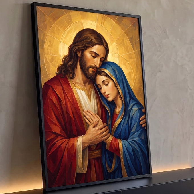 Quadro Decorativo Grande Jesus e Maria Abraçados para Sala | quadros decorativos para sala | Jesus e Nossa Senhora abraçados em fundo dourado estilo vitral | Porao dos Quadros