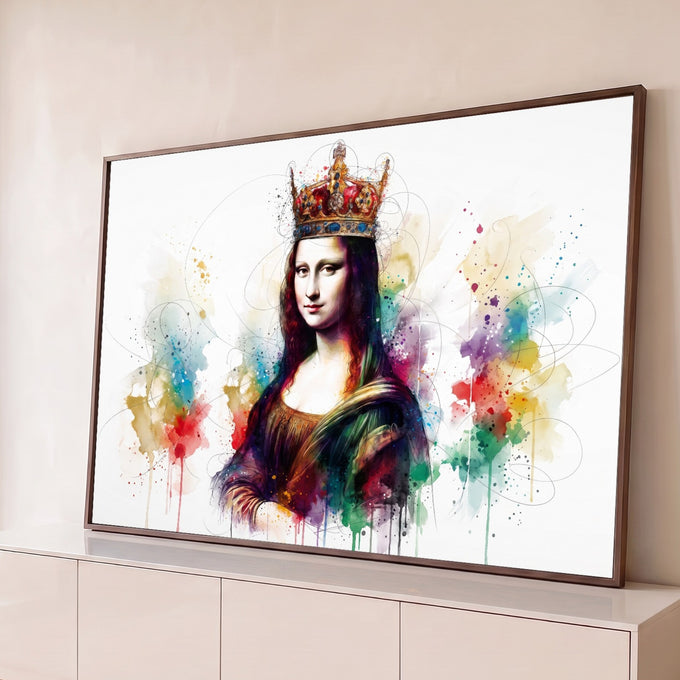 Quadro Decorativo Grande Mona Lisa com Coroa para Sala Roxo | quadros decorativos para sala | retrato de mulher com coroa dourada e respingos de aquarela colorida ao fundo | Porao dos Quadros