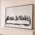 Quadro Decorativo Grande Santa Ceia para Sala Preto | quadros decorativos para sala | Última Ceia recriada em tinta preto e branco com halo dourado e cálice vermelho | Porao dos Quadros