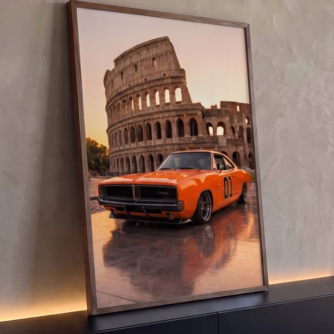 Charger laranja clássico com número 01 diante do Coliseu de Roma ao pôr do sol, quadro decorativo