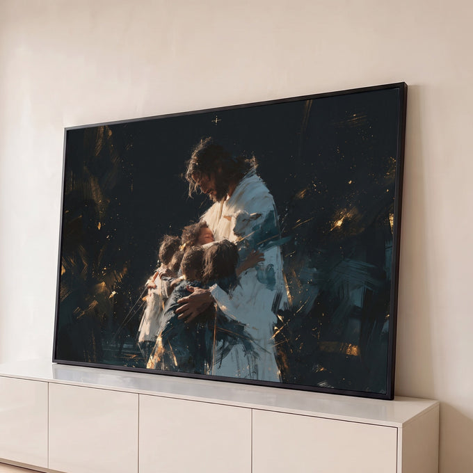 Quadro Decorativo Grande Jesus Abraçando para Sala Preto | quadros decorativos para sala | homem de manto branco abraçando três crianças com fundo escuro e dourado | Porao dos Quadros