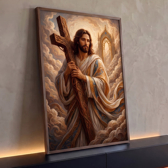 Quadro Decorativo Grande Jesus Cristo Cruz para Sala Dourado | quadros decorativos para sala | Jesus Cristo segurando cruz de madeira entalhada em cenário celestial dourado | Porao dos Quadros