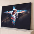 Jesus e leão branco diante de cruz de céu ao entardecer sobre galáxia escura, quadro decorativo