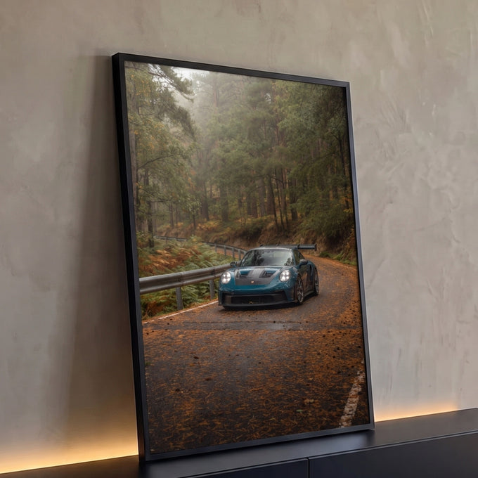 Quadro Decorativo Grande Esportivo Azul para Sala Verde | quadros decorativos para sala | carro esportivo verde-petróleo com aerofólio em estrada de floresta coberta de folhas | Porao dos Quadros