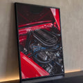 Close de motor Cobra 289 com cabos azuis sob capô de carro clássico vermelho, quadro decorativo