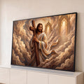 Quadro Decorativo Grande Jesus Portão Celestial para Sala | quadros decorativos para sala | Jesus Cristo com manto branco segurando cruz de madeira entre nuvens douradas | Porao dos Quadros