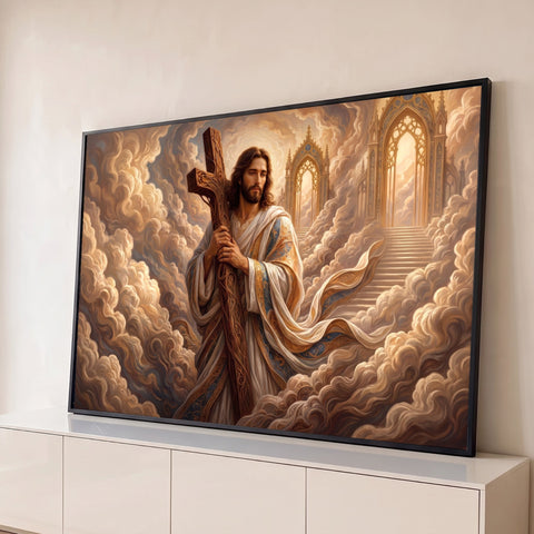 Jesus Cristo abraçando cruz entalhada entre nuvens douradas, escadaria e portão celestial, quadro decorativo