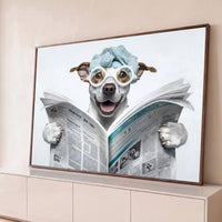 Quadro Decorativo Cachorro com Toalha para Banheiro Branco - Borda Infinita / 65x100cm