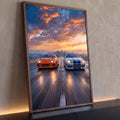 Supra laranja e Skyline prata em rodovia ao pôr do sol com cidade ao fundo, quadro decorativo