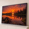 Quadro Decorativo Grande Pôr do Sol Lago para Sala | quadros decorativos para sala | pôr do sol laranja refletido num lago cercado de pinheiros silhuetados | Porao dos Quadros
