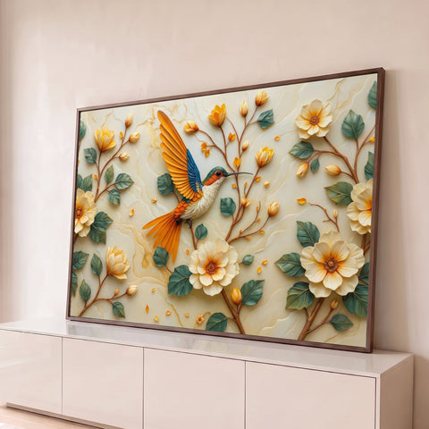 Beija-flor laranja em voo entre flores e folhas verdes em relevo 3D sobre mármore bege, quadro decorativo