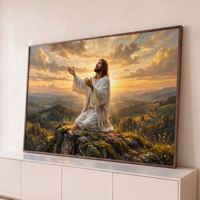 Jesus de túnica branca ajoelhado orando na rocha, céu dourado ao pôr do sol, quadro decorativo