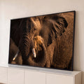 Elefante africano em close soprando poeira dourada com a tromba sob luz do entardecer, quadro decorativo