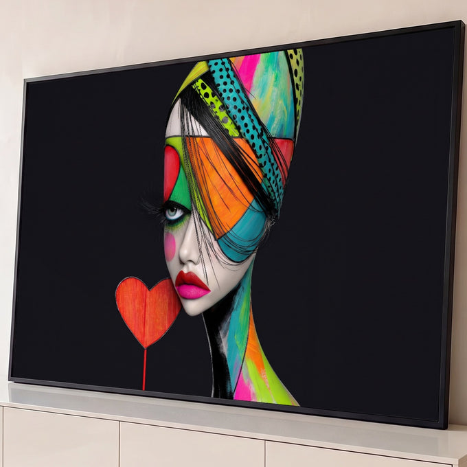 Mulher pop art com turbante colorido, lábios rosa e coração vermelho em fundo preto, quadro decorativo