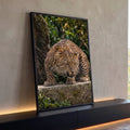 Quadro Decorativo Grande Leopardo Rosnando Marrom para Sala | quadros decorativos para sala | leopardo rosnando sobre pedra com fundo de folhagem verde | Porao dos Quadros