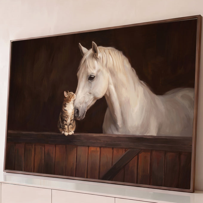 Cavalo branco encosta o focinho num gatinho tigrado sobre porteira de madeira do estábulo, quadro decorativo
