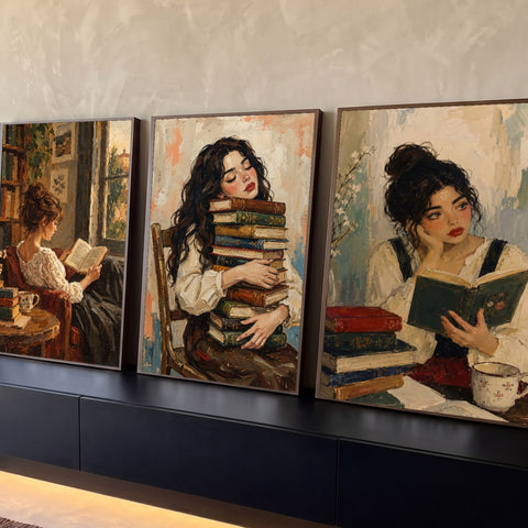 Quadro Decorativo Grande Mulheres Lendo para Sala Marrom | quadros decorativos para sala | três mulheres lendo livros em pintura impressionista com tons terrosos e pinceladas marcantes | Porao dos Quadros