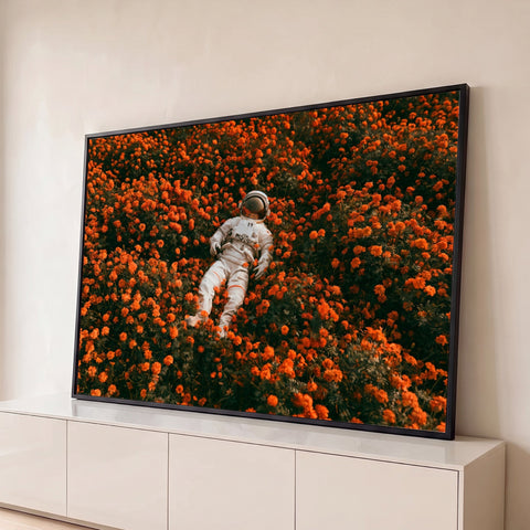 Astronauta de traje branco deitado em campo de flores laranja, arte surreal, quadro decorativo