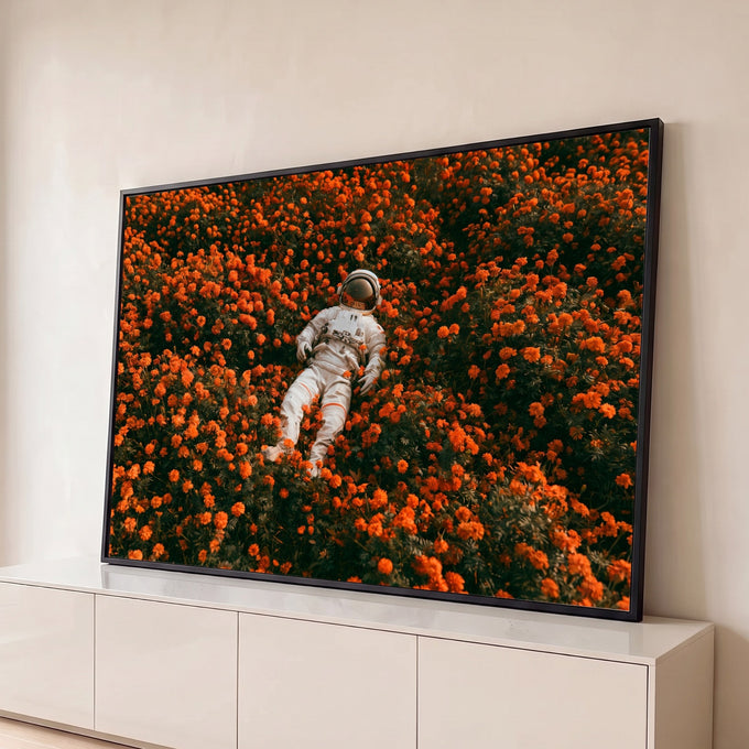 Quadro Decorativo Grande Astronauta Deitado para Sala | quadros decorativos para sala | astronauta deitado em campo denso de flores laranja com capacete refletindo as pétalas | Porao dos Quadros