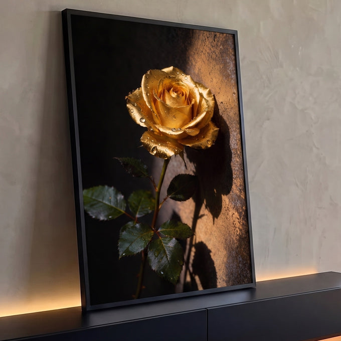 Rosa dourada com gotas de orvalho e sombra em parede texturizada sobre fundo escuro, quadro decorativo