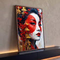 Rosto de gueixa pintado em vermelho e branco com cerejeiras e pagodes dourados, quadro decorativo
