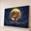 Quadro Decorativo Grande Árvore Dourada da Vida para Sala | quadros decorativos para sala | árvore dourada iluminada diante de uma lua cheia em céu estrelado | Porao dos Quadros