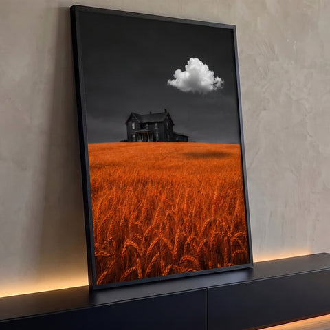 Casa de fazenda escura no alto de trigal laranja sob céu cinza e nuvem branca, quadro decorativo