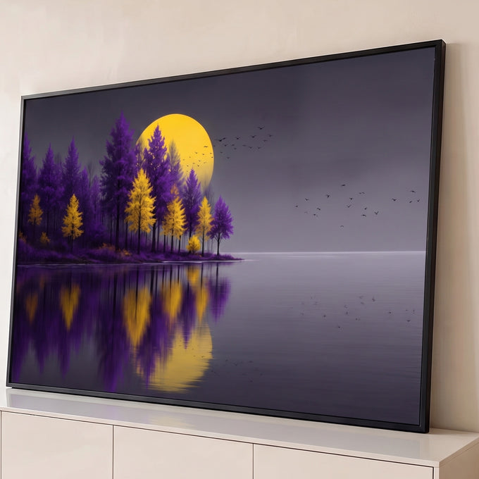 Quadro Decorativo Grande Floresta Roxa para Sala Roxo | quadros decorativos para sala | floresta roxa e amarela à beira de lago com lua dourada e pássaros ao fundo | Porao dos Quadros